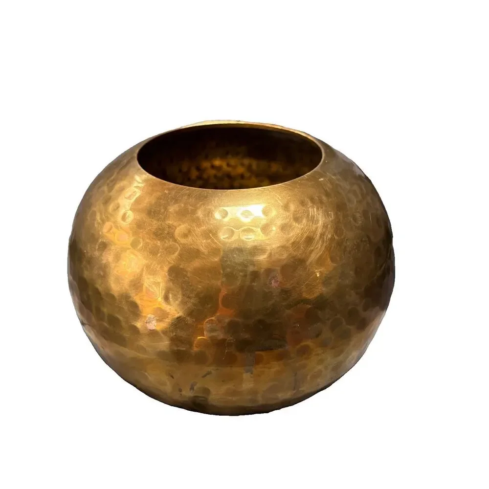 Vintage Hammered Brass Metal Ball Vase Planter Mid Century Modern India Made 5”